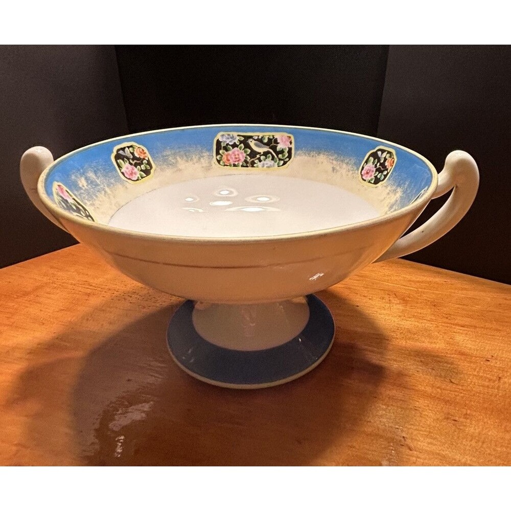 Vintage Footed Centerpiece Bowl Blue Rim Chinoiserie Floral Bird Pedestal Dish